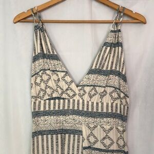 Baevely Abstract Backless Shoulder Straps Wide Leg Cream/Blue Jumpsuit Size M